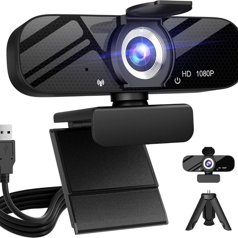 Full HD Webcam with Built-in Microphone and Rotatable Tripod, 1080P Video and Wi